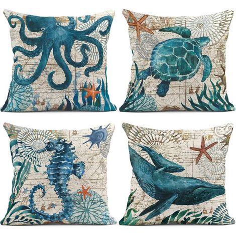 Filiyano-Ensemble de 4 housses de coussin bleu marine à motifs marins (pieuvre, hippocampe, tortue, baleine), style méditerranéen, pour la décoration (1/5)