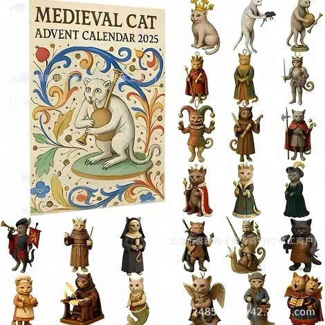 Christmas Medieval Cat Advent Calendar 2026 - 24 Kitten Figurines Christmas Tree Decoration Blind Box - Flat Design -