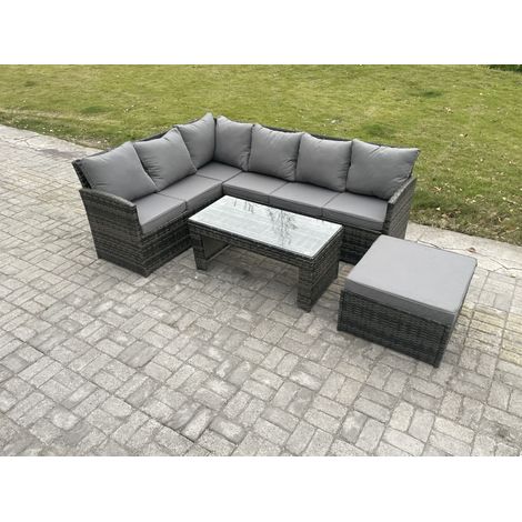 Fimous 7 Seater Outdoor Rattan Garden Furniture Set Corner Sofa Oblong Coffee Table Sets with Patio Big Footstool Dark Grey Mixed