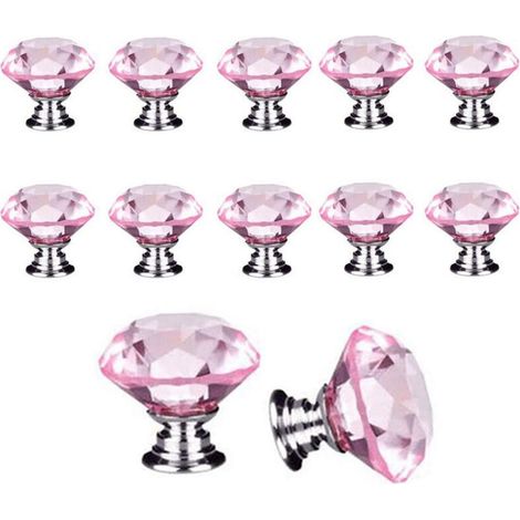 Lot de 10 poignées de tiroir en verre de 30 mm, en cristal rose en forme de diamant, pour commodes et placards de cuisine. (1/5)
