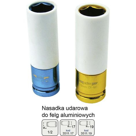 Adler Llave de impacto para ruedas de aluminio 1/2" 17mm, herramienta profesional para ajuste y desmontaje seguro, diseño reforzado, recubrimiento protector, materiales resistentes, color metálico.