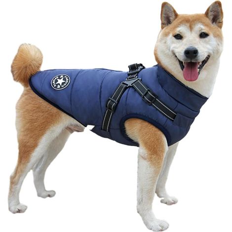 Gilet d’hiver pour chien avec harnais intégré – Veste chaude et confortable – Taille XL – Bleu (1/4)