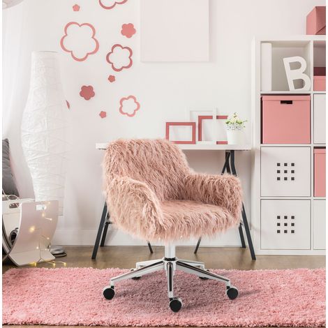 Sedia da ufficio ergonomica in ecopelliccia rosa, altezza regolabile, con ruote HAVRYA (1/5)