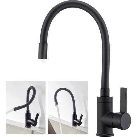 Auralum Negro Grifo de Cocina con Caño Flexible, Flexible Grifo de Fregadero Giratorio 360 ° Mezclador Monomando de Fregadero con aireador desmontable, Negro (1/5)