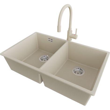 PRIMAGRAN Evier Cuisine en Granit 76x47cm,Lavabo 2 bacs + Robinet 38x14cm + Kit de Vidage, Évier à Encastrer au meuble 80cm - London Slim Twin, Beige (1/5)