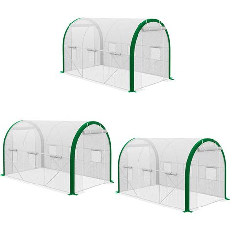 3er-Setv foliengewächshaus 3,58 x 2,1 x 2,1 m Tunnelgewächshaus mit Rolltür für Garten & Balkon, verzinkter Stahl, weiß
