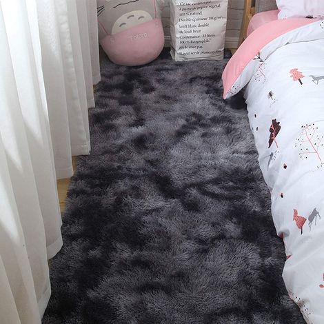 Tapis à poils longs moelleux et antidérapant, extra doux pour chambre et salon – Confort épais, moderne, dimensions 80x200 cm (Noir/Gris)–DELKEVIC