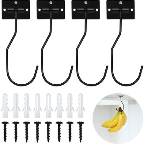 Lot de 4 crochets de suspension pour bananes - Gain de place - Pour garder les bananes fraîches, auto-adhésif et vis - Noir (1/5)