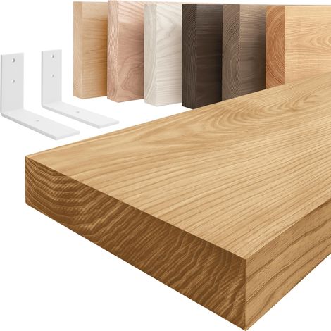 LAMO Manufaktur étagère murale en bois massif, bord régulier, étagère de rangement Basic, bois rustique / équerre blanche 160cm, LWG-01-A-003-160LW