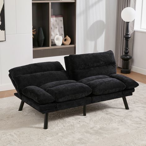 Canapé convertible 2 places, canapé droit de salon, dossier et accoudoirs réglables, tissu chenille, 165×90×76cm, noir (1/5)