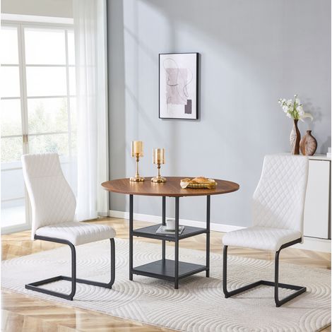 Set tavolo da pranzo rotondo 107x107x75 cm con 2 sedie, doppio ripiano, MDF e metallo, PU bianco e nero (1/5)