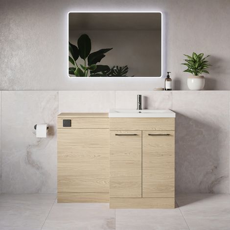 Napoli 390 Light Oak 1100mm 2 Door Vanity Unit Toilet Suite with Glide Basin - 1100mm - Gunmetal Grey 160mm HandleWithout Kingston Toilet Pan