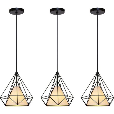 Lámpara Colgante, Iluminación Colgante de Techo de Metal con Jaula de Diamante Negro - 3 Luces