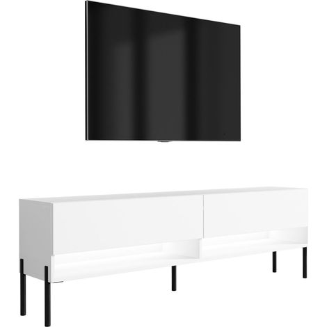 Meuble TV 170 cm Blanc Mat, pieds droits noirs, LED blanche, 170 × 32 × 52 cm (1/5)