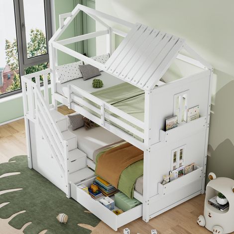 Lit superposé enfant, 90 x 200 cm, lit enfant multifonctionnel avec escalier de rangement, tiroirs et étagères, très grand espace de rangement, matelas non inclus, pin et MDF, blanc (1/5)