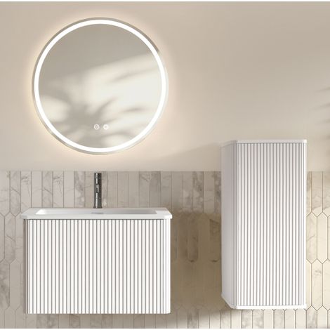 Badmöbel-Set mit Waschbecken, LED-Spiegel und Seitenschrank, 60 cm, wandhängend, Weiß OKMYHOME (1/5)