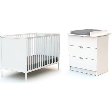 Les Tendances – Lit bébé 60x120 avec commode 3 tiroirs et plan à langer – Panneaux de particules mélaminés – Sommier réglable en 3 hauteurs – Dimensions 124x64,5x82 cm