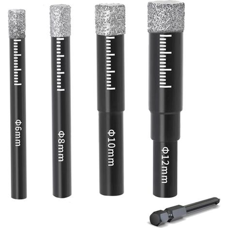Set mit 4 Diamant-Fliesenbohrern 6/8/10/12 mm – Hartmetallbohrer für Keramik, Granit, Glas, Porzellan, Fliesen, Hartfliesen, Feinsteinzeug, Marmor, mit Sechskantgriff