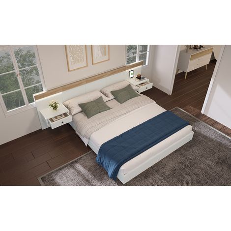 Cama 180x200 cm de madera blanco y roble, con USB y 2 mesitas, carga fácil, sin colchón – MEUBLIV (1/5)