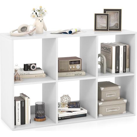 COSTWAY Bibliothèque Cube à 2 Niveaux, Etagère de Rangement avec 6 Compartiments Ouverte, Kit Anti-basculement, Etagère de Présentation à 6 Casiers, pour Bureau, Chambre, Salon, Blanc (1/5)