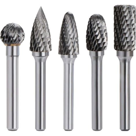 Set di 5 punte per fresa rotativa in carburo di tungsteno, a doppio taglio, gambo da 6 mm, testa da 10 mm, per trapano/levigatrice elettrica.