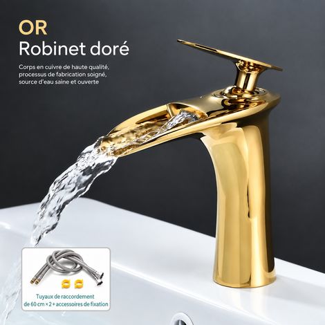 Mitigeur de Lavabo Salle de Bain Doré Cascade Modèle Bas en Laiton Monotrou avec Tuyaux d'Arrivée d'Eau – Livraison gratuite
