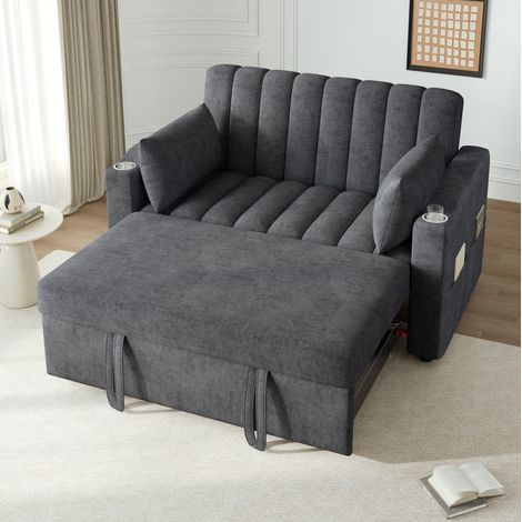 Divano letto, schienale regolabile, divano da 2 posti con portabicchieri e tasca laterale, in lino, grigio (1/5)