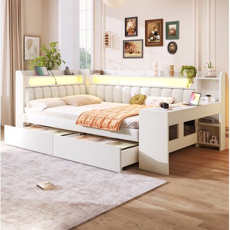 Lit gigogne 140x200 cm avec LED, ports USB, 2 tiroirs et bureau intégré, en lin blanc, sans matelas (1/5)