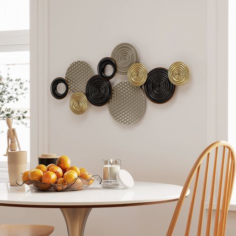 Decorazione murale in metallo, scultura da parete in metallo, design unico a dischi multipli, 100 x 50 cm, kaki e nero
