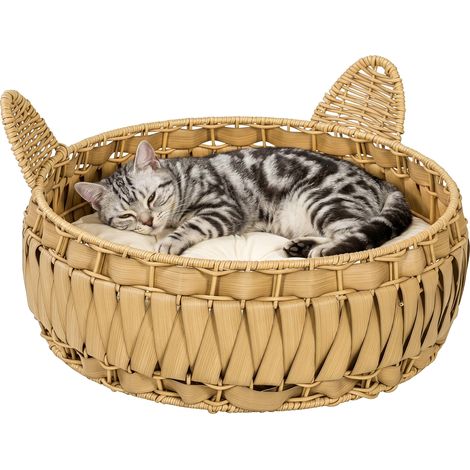 Panier/niche en rotin pour chat avec coussin amovible. Convient aux chats jusqu'à 10 kg. 50 x 50 x 25 cm. Marron clair. (1/5)