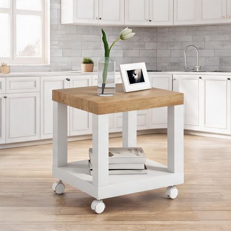 Table d'appoint Table d'appoint roulante en MDF blanc et bois (1/5)