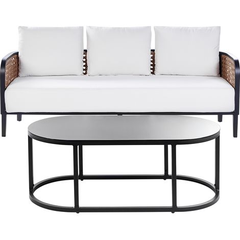 Conjunto de jardín exterior metal 3 plazas sofá de aluminio con cojines gruesos blanco crema impermeable respaldo trenza vienesa ratán sintético mesa de centro Montefalco