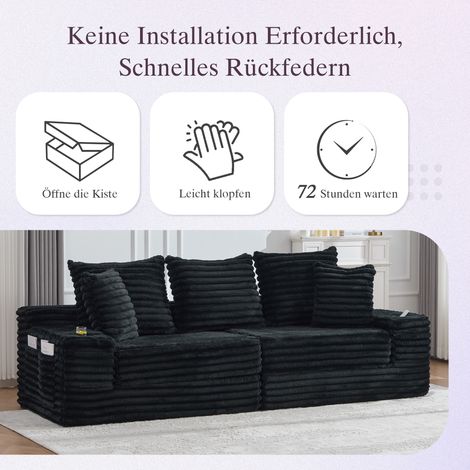 Canapé en tissu cord avec fonction compression d'assise, dossier haut et coussins supplémentaires, poches latérales et porte-boissons, convertible en canapé-lit, rembourrage moelleux, noir (1/5)