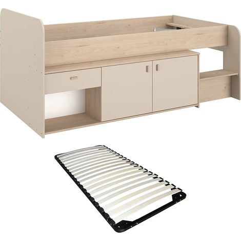 Letto mezza altezza 90 x 190/200 cm con contenitore – Beige e naturale + Rete - LUNOBI (1/5)