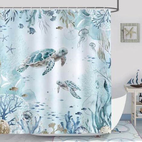 Duschvorhang mit Meeresschildkrötenmotiv, Algenmuster, Polyestergewebe, schimmelresistent, wasserdicht, waschbar, 180 x 180 cm, inklusive 12 Haken für die Badewanne