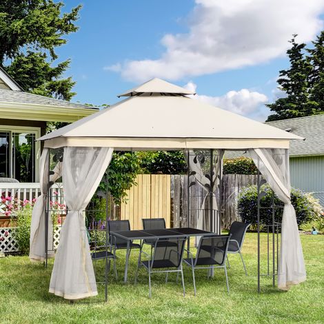 3x3m Gartenpavillon mit Moskitonetz, Stahlrahmen und Doppeldach, Weiß