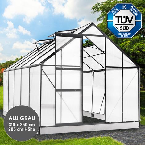 BRAST Gewächshaus Aluminium mit Fundament rostfrei TÜV geprüft 6mm Platten 310x250x205cm Grau