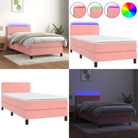 Cama box spring colchón y LED terciopelo rosa 90x200 cm - Colchón con luz LED - Cama box spring