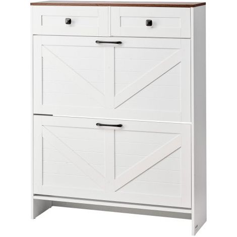 Zapatero con 2 Puertas, Antivuelco y Cajones, Ahorra Espacio, Estilo Rústico, Organizador de Zapatos Independiente para Entrada, Pasillo, Salón, Porche, 800 x 240 x 1050 mm, Blanco y Nogal (1/5)