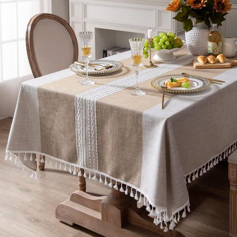 Bestickte Tischdecke 140x180 cm Braun Gestreift, Rustikal, Knitterfrei, mit Quasten
