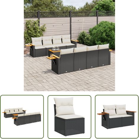 The Living Store Salon de jardin 9 pcs avec coussins noir résine tressée - Ensemble Salon De Jardin - Meuble Extérieur - Jardin Design - Mobilier De Jardin - Chaise Longue (1/5)