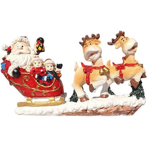 Weihnachtsmann im Schlitten mit Rentierfiguren aus Kunstharz, Winterdorf-Szene, Weihnachtsdekoration, Geschenkidee