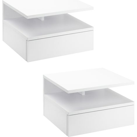 Set aus 2 wandmontierten Nachttischen – 2er-Set Nachttische – Schublade, Nische, Tischplatte – Weiße Spanplatte