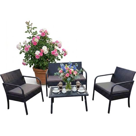 Relaxdays set giardino 4 pz, salotto rattan 4 pers., panca 2 pers., 2 sedie & tavolo, nero