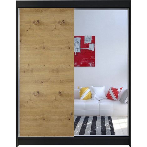 Armario Closico Vastor I, Negro + Roble Artisan, 200x150x58cm, Puertas de armario: Correderas, Número de estantes: 5 (1/4)