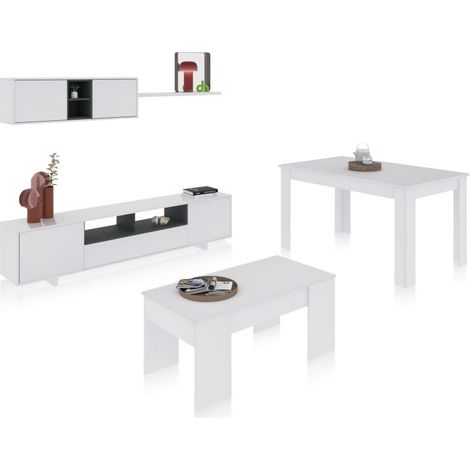 Pack salón con mesa de centro y mesa de comedor Kenzo Max V2B Blanco Brillo - Gris Antracita (ancho) x 46cm (alto) (1/5)