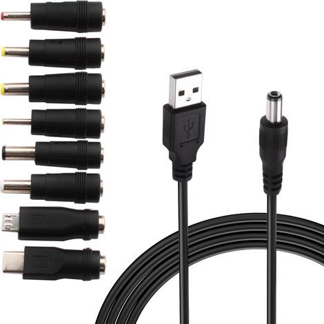 USB to DC 5V cable, USB to DC power cable, 8-in-1 DC power adapter 5.5 x 2.1mm DC Barrel Jack for Laptop, Router etc. (1m, black) (1/5)