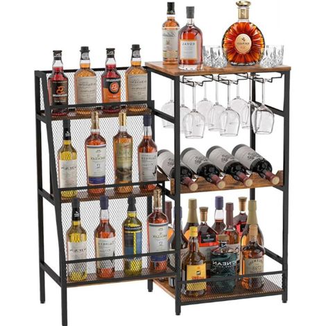 Wine Racks Free Standing Mini Bar Drinks Cabinet for Home Bar Living Room Bedroom Kitchen, 3-Tier Trapezoidal Liquor Stand with Bottle Display Shelf, Glass Holder and Fences