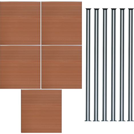 Kit Clôture 5 Panneaux Composite Plastique Marron 9 Lames à Emboîter 185 cm H x 872 cm L & 6 Poteaux en Aluminium à LED Solaires Texture de Bois Reversible Brise-Vue Extérieur Jardin Mur d'Intimité