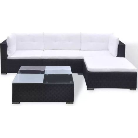 Salon de jardin 5 pièces résine tressée noir et coussins blanc Kim (1/5)